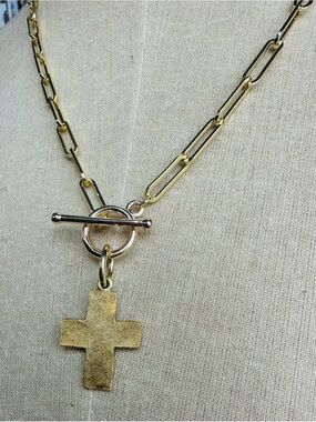 Gypsy Junk Gold Toggle Necklace with Cross Pendant